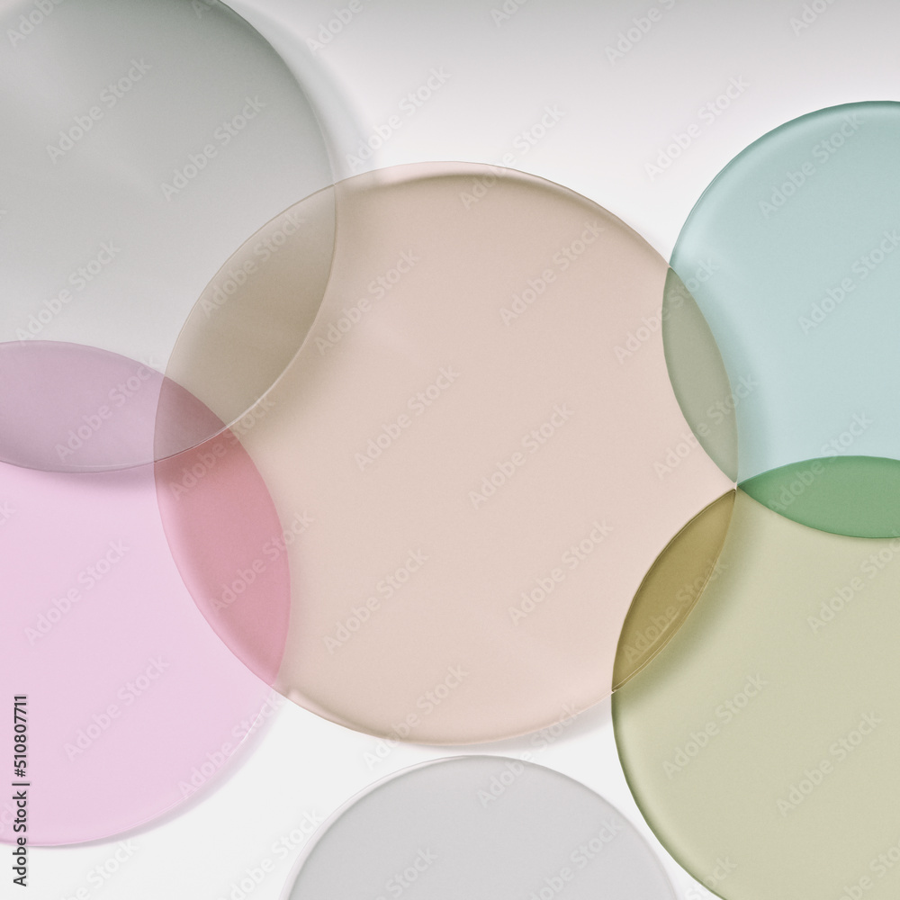 A minimum of 3D product display background and a colorful transparent disk are displayed at the top. A minimum of 3D product display background and a colorful transparent disk are displayed at the top.