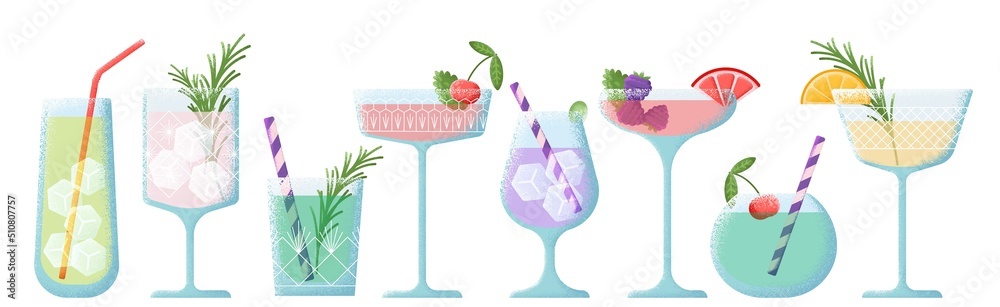 Isolated cocktails. Club party drinks, cocktail beach vacation time. Tropical and alcoholic summer drink, swanky beverages with ice and fruits vector set