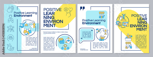 Positive learning environment blue and yellow brochure template. Leaflet design with linear icons. Editable 4 vector layouts for presentation, annual reports. Questrial, Lato-Regular fonts used