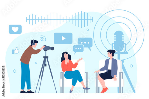 Video bloggers. People doing video content, streaming or online translation. Interview, operator and journalist, news tv show recent vector scene