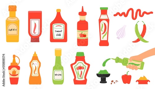 Different sauces. Tomato sauce, curry and salsa with peppers. Small bowl and bottles with ketchup and mayonnaise. Spicy food and mustard decent vector set