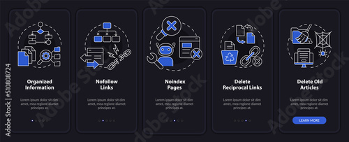 Search engine optimization principle night mode onboarding mobile app screen. Walkthrough 5 steps editable instructions with linear concepts. UI, UX, GUI template. Myriad Pro-Bold, Regular fonts used