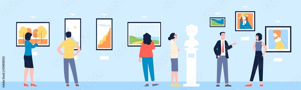 People in art gallery. Cultural man woman looking pictures in museum. Visit artist exhibit, painting exposition. Tourists on exhibition recent vector scene