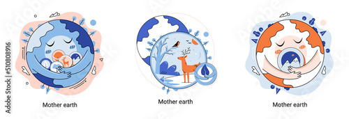 International Mother Earth Day metaphor. Environmental problems and ecological protection. Universal symbolic holiday of love, care common home. Relationship between planet its ecosystems and humans