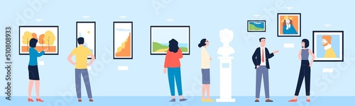 People in art gallery. Cultural man woman looking pictures in museum. Visit artist exhibit, painting exposition. Tourists on exhibition recent vector scene photo