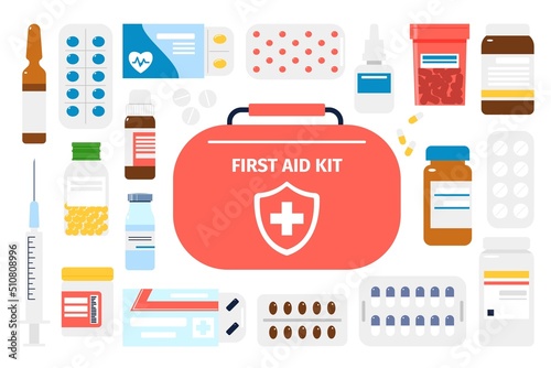 Flat medications set. Drug and pills in bottle, medicine table and medicaments. Pharmacy shop icons, painkiller, syringe and hospital tools recent vector kit