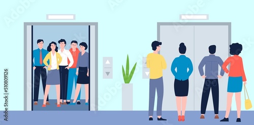 People in office elevator. Workers wait elevators, businessmen in hall of mall. Person at job, professionals group at morning and lift, recent vector panorama concept