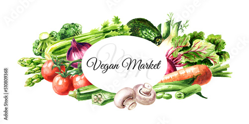 Vegan Market. Fresh vegetables. Hand drawn watercolor illustration isolated on white background