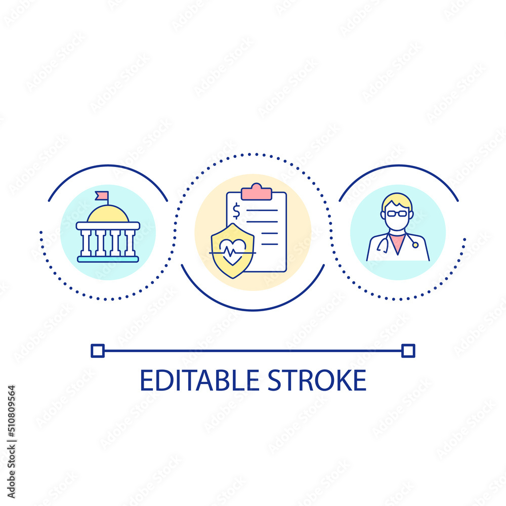 Health insurance plan loop concept icon. Government paying for healthcare abstract idea thin line illustration. Government-funded services. Isolated outline drawing. Editable stroke. Arial font used
