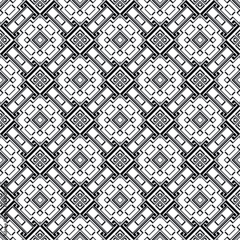 Geometric seamless pattern, ornament, abstract black and white background, fashion print, vector decorative texture.