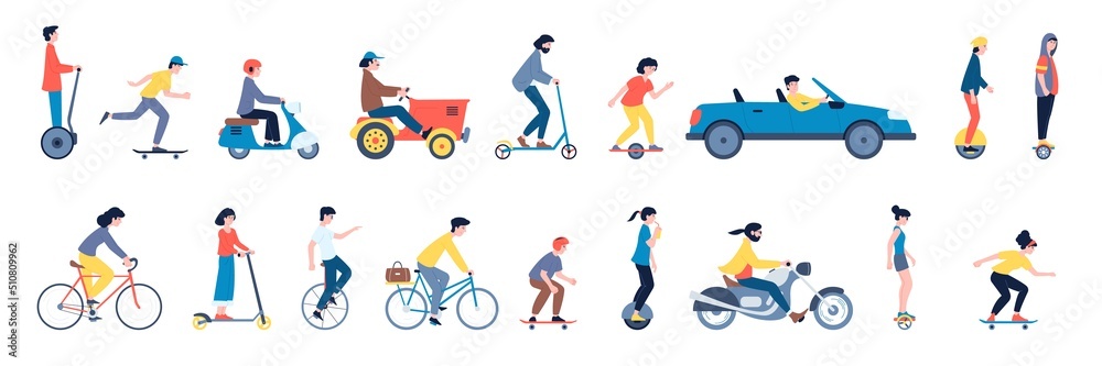 People riding on car and segway, ride scooter and motorcycle. Alternative vehicle, isolated teens on skateboards and electric transport recent vector set