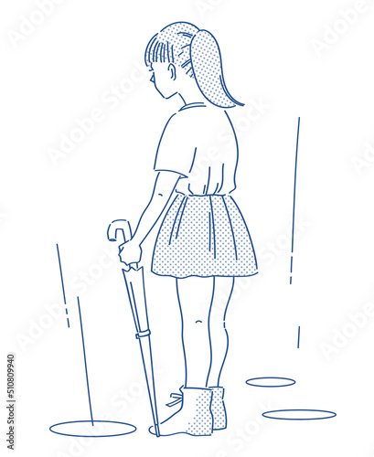 雨の日と傘とポニーテールの女の子のイラスト（孤独）
