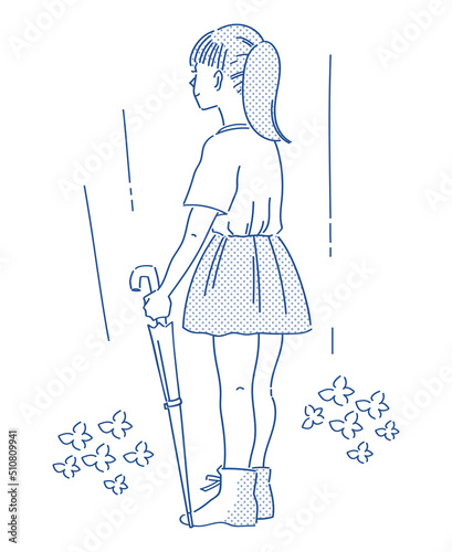 雨の日と傘とポニーテールの女の子のイラスト（笑顔）