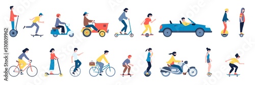 People riding on car and segway, ride scooter and motorcycle. Alternative vehicle, isolated teens on skateboards and electric transport recent vector set