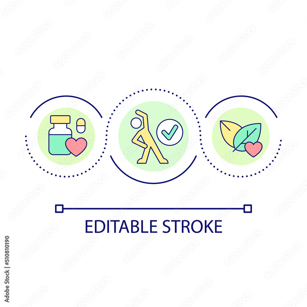 Herb-drug interactions loop concept icon. Integrative medicine abstract idea thin line illustration. Medical treatments. Improve wellness. Isolated outline drawing. Editable stroke. Arial font used