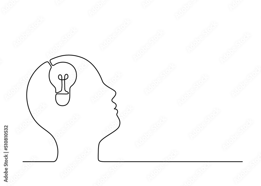 Man think brain and imagination idea with lightbulb in his head, continuous single one line drawing. Power think, creative, solution, success, education concept. Vector outline