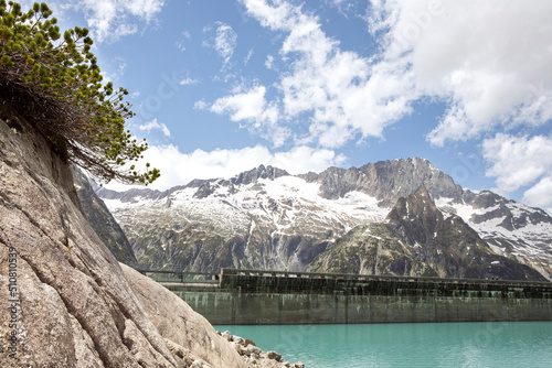 Alps mountains beautiful landscape with turquoise water lake and scenic mugs pine. High mountains nature and view on dam of Gelmer lake reservoir , sunny summer day.