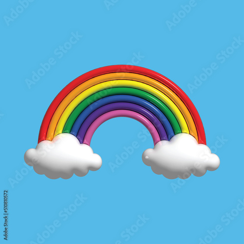 Colorful Rainbow with white clouds and blue sky 3d render Illustration. Colorful Rainbow. Rainbow arc shape, half circle, cloud, sky, bright spectrum colors, colorful striped pattern.