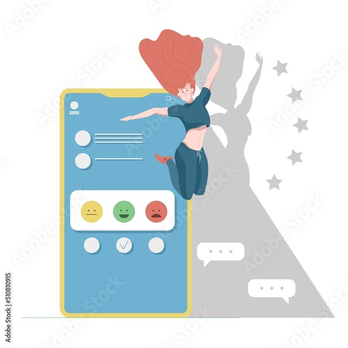 girl rejoices at a good review on the phone