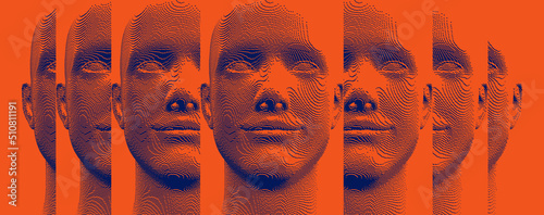 Reflection of man looking away in mirrors. Concept of psychological and mental health issues. Voxel art. 3D vector illustration of multiple cloned humans. Design for presentation, cover or brochure.