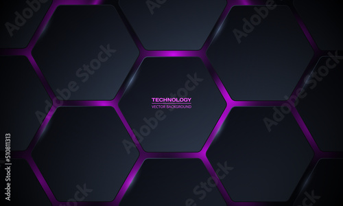 Dark 3d hexagonal technology vector abstract background. Purple bright energy flashes under hexagon in modern technology futuristic background 3d vector illustration. Dark gray honeycomb texture grid.