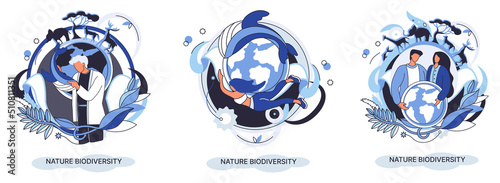 Biodiversity in nature as environment variety of life on Earth planet. Saving wildlife ecosystem metaphor. Protection and care of flora and fauna, eco friendly human activity, many biological species