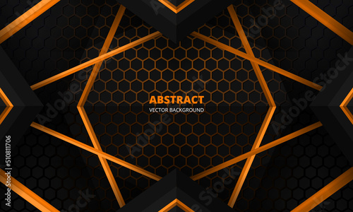Futuristic black and orange abstract background gaming banner design template with hexagon carbon fiber. Dark abstract tech hexagonal concept vector background for game banner and cyber sport poster.