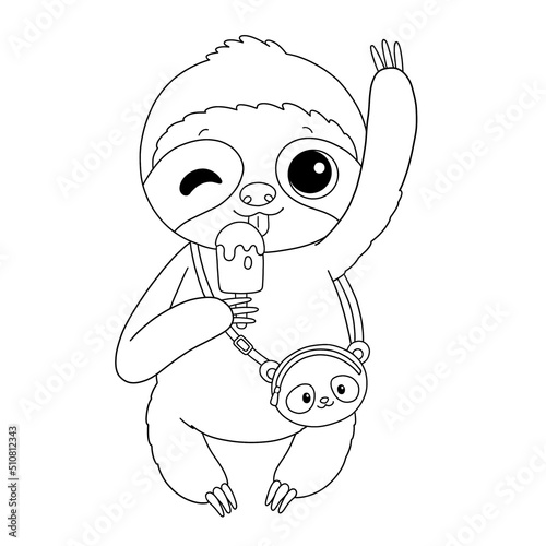 Sloth with ice cream, panda bag coloring page