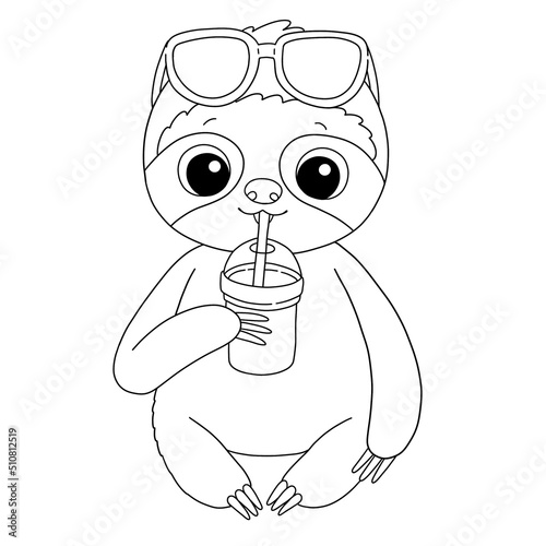 Sloth in sun glasses with smoothie coloring page