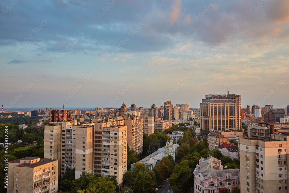Modern residential areas of Kyiv on the right bank of the Dnipro River in Kyiv.