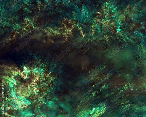 Abstract green textural fractal art background with a central dark blurry area suitable for copy space.