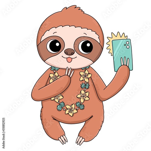 Cute sloth with flowers and phone illustration