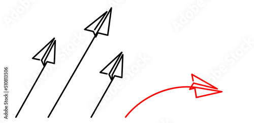 continuous line drawing of paper rocket flying different direction vector illustration. Think differently concept