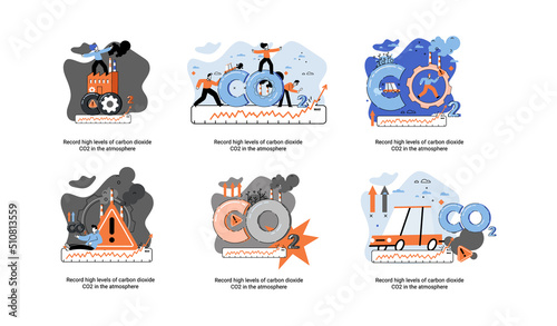 Record high levels carbon dioxide CO2 atmosphere. Industrial emissions affect changes in carbon dioxide concentration. Causes of climate change on planet. Problems of environment and ecology metaphor