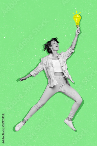 Vertical collage picture of excited person black white colors fly arm hold light bulb bright idea isolated on drawing green background © deagreez