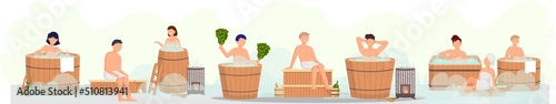 Sauna and steam room. Set of people in sauna. People relax and steam with birch brooms in traditional russian stove for female and male. Finnish bathhouse. Public sauna, Friends in spa resort photo
