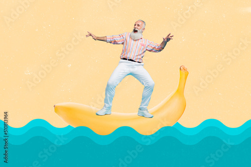 Photography Creative collage portrait of excited carefree aged person surfing huge banana wa