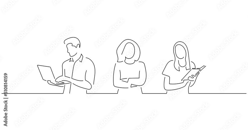 People reading a book and using technology in line art animation. Video footage of three persons. Black linear video on white background. Animated gif illustration design. People reading a book and using technology in line art animation. Video footage of three persons. Black linear video on white background. Animated gif illustration design.