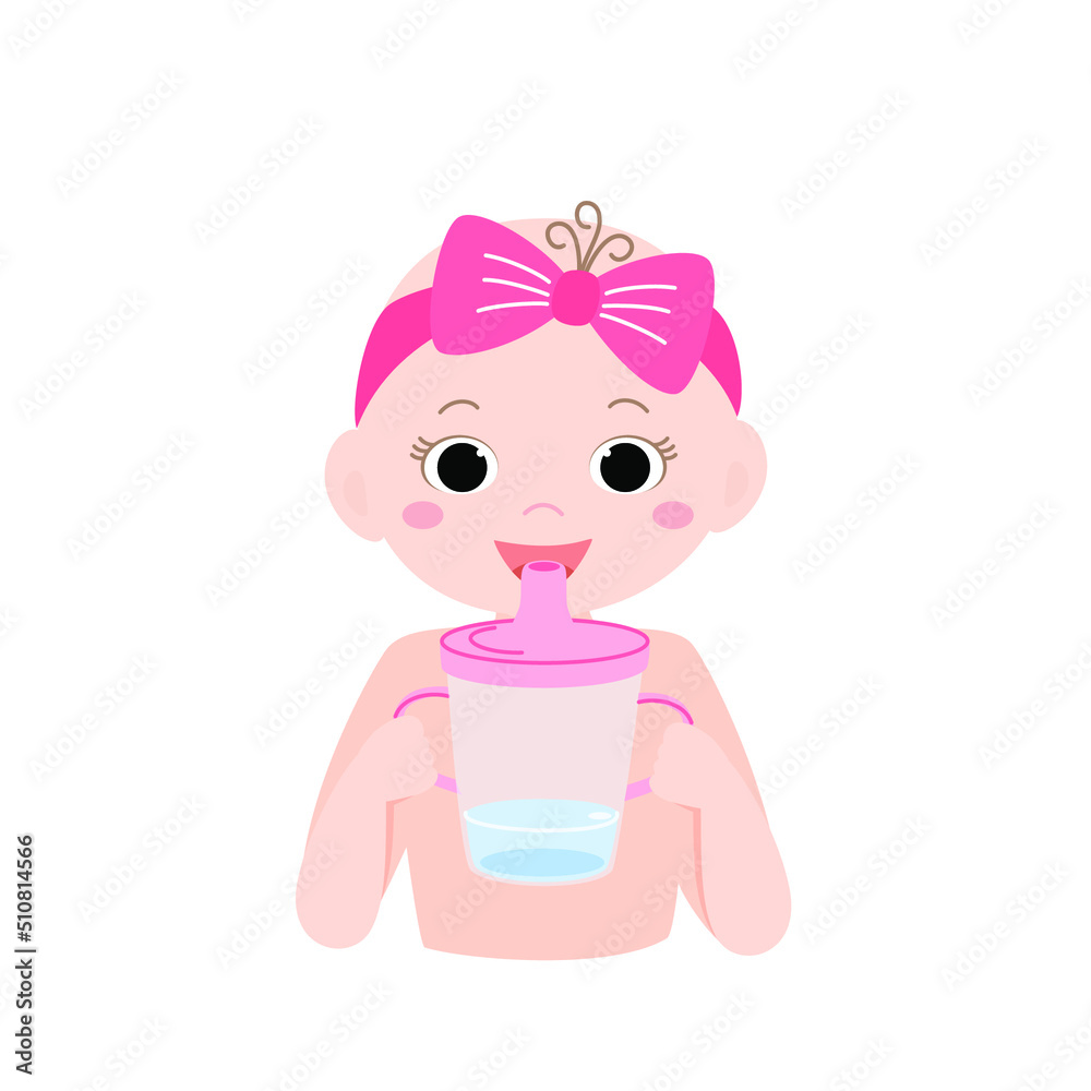 Cute baby girl drinking water from cup. Concept of a healthy lifestyle for children. Vector illustration in cartoon flat style. Cute baby girl drinking water from cup. Concept of a healthy lifestyle for children. Vector illustration in cartoon flat style.