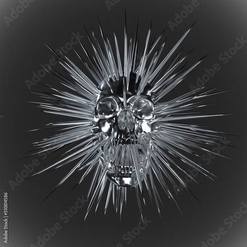 Abstract front view illustration from 3d rendering of metallic screaming skull with exploding spike rays in black and white monochrome tones.