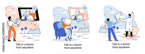 Online medical services mobile application consultation and prescription medicine professional doctor connecting and giving consultation for patient anywhere telemedicine metaphor, health care program