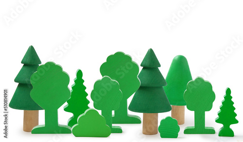 Wooden toy forest isolated on white background