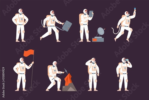 Spaceman motion. Astronaut in space suit and helmet walks moving planet, cosmos travel human scientific adventure cosmonaut character, galaxy explorer, splendid vector illustration