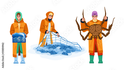 commercial fishing vector. boat sea fishermen with crab, ocean industry, vessel trawler, net fishery ship, marine catch commercial fishing character. people flat cartoon illustration