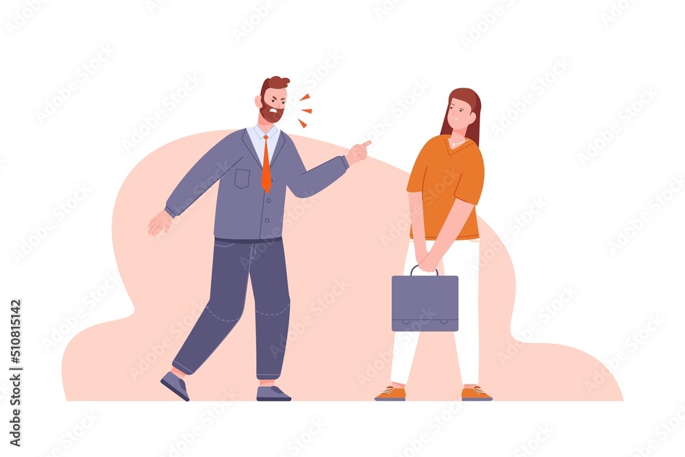 Obraz premium Boss screams on worker. Annoying angry employer shouting woman employee, rude leader man scream voices manager, bad bossing emotional businessman yell