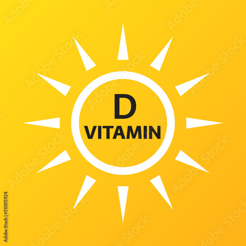Vitamin D icon with simple sun on yellow background. Vector illustration of nutrition sign