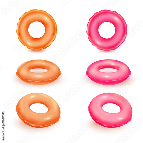 3d inflatable rings. Isolated rubber ring wheel, pool toys swim sea balloons realistic circle lifebuoy for floater swimming buoy tube summer round object tidy vector illustration photo