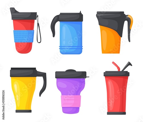 Cartoon thermo mug. Bring thermal tumbler reusable flask coffee tea save warm water on travel nature, thermos cup with straw lid cover, insulation tumblr, neat vector illustration