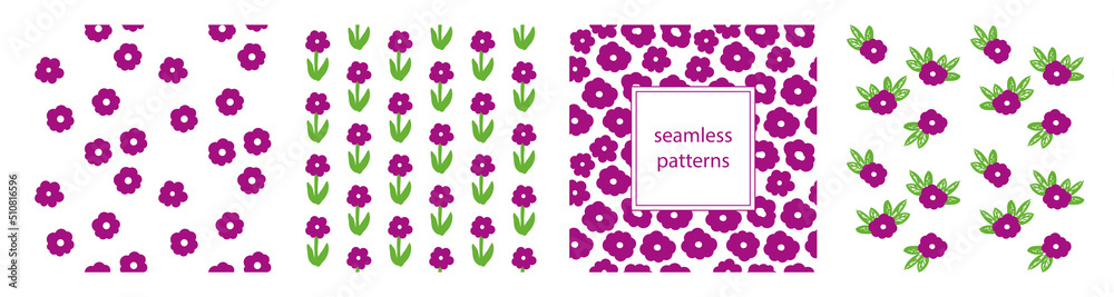 Flowers print set. Floral patterns. Seamless texture. Vector background.
Flowers print set. Floral patterns. Seamless texture. Vector background.