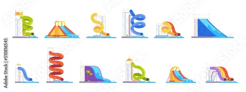 Aquapark water slides. Water attraction ride spiral tunnel in pool, inflatable bouncy waterslide aqua park beach amusement kids playground plastic tub, splendid vector illustration
